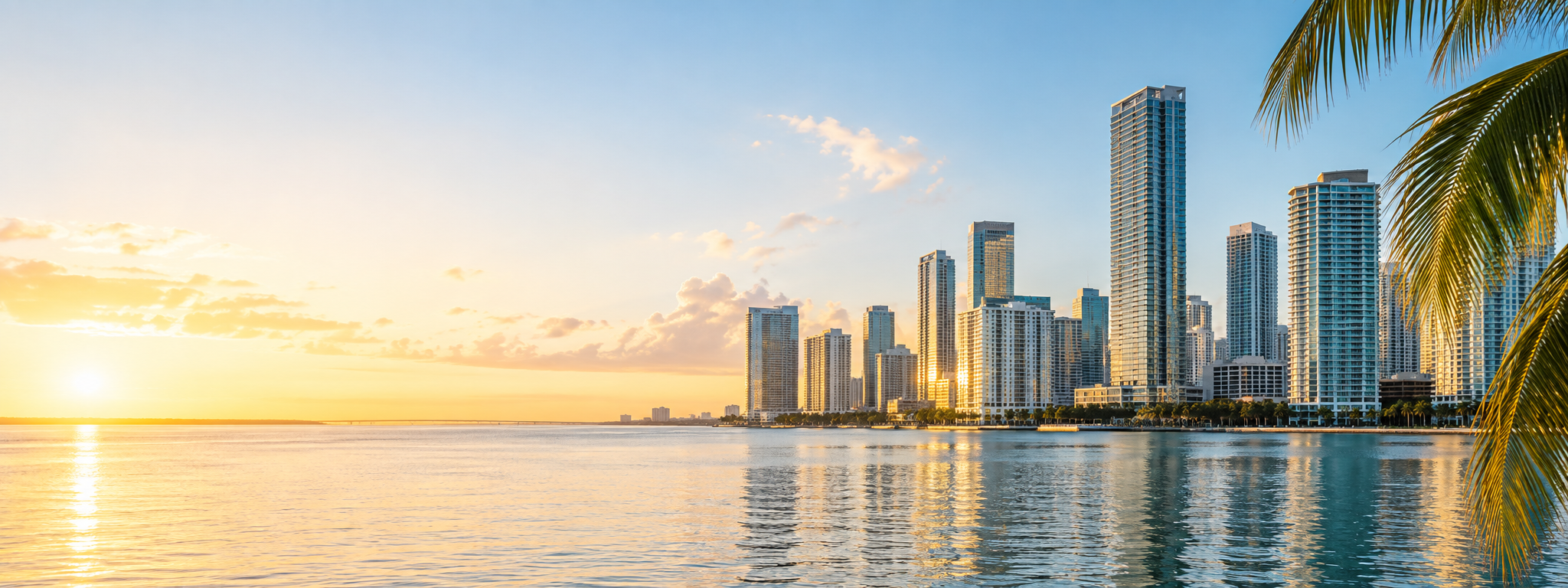 Miami waterfront skyline at golden hour